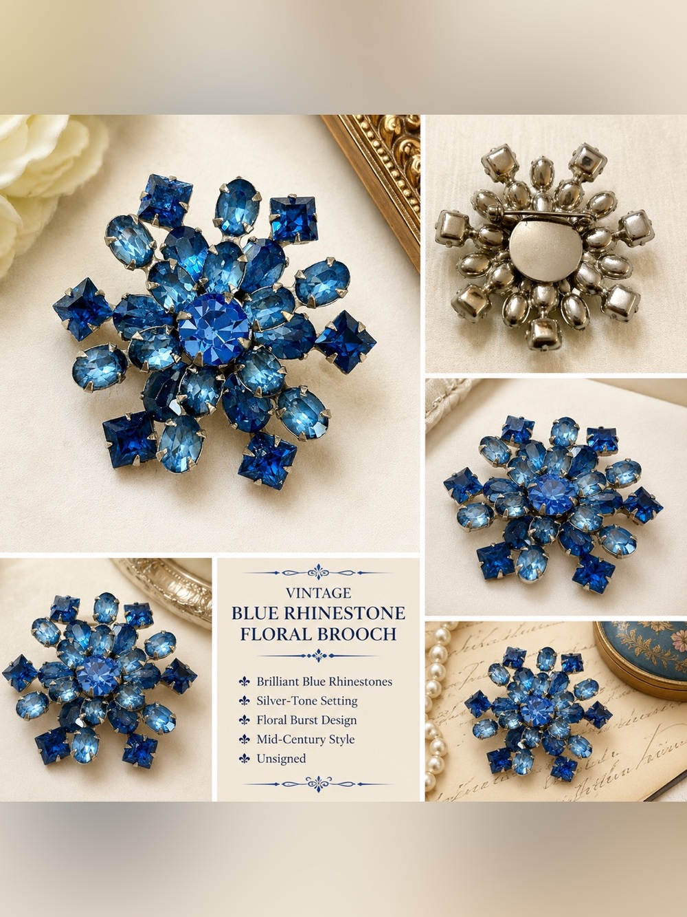 Vintage Multi-Color Blue Rhinestone Floral Brooch